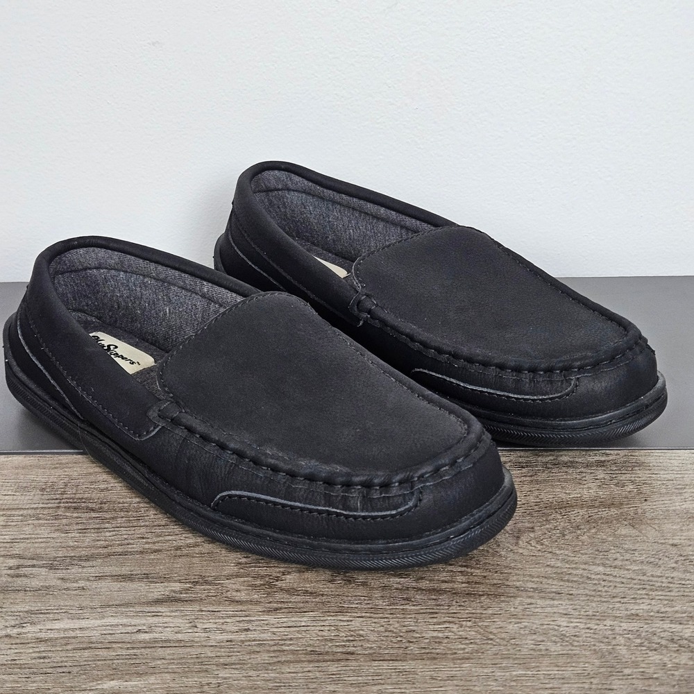 My Slippers Mens 9 Black Leather Moccasin Slippers Slip On House Shoes 74458-03